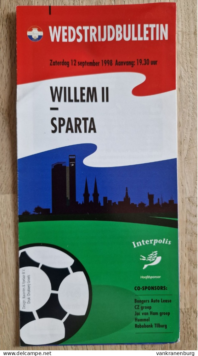 Programme Willem II - Sparta Rotterdam - 12.9.1998 - Eredivisie - Holland - Programm - Football - Libros