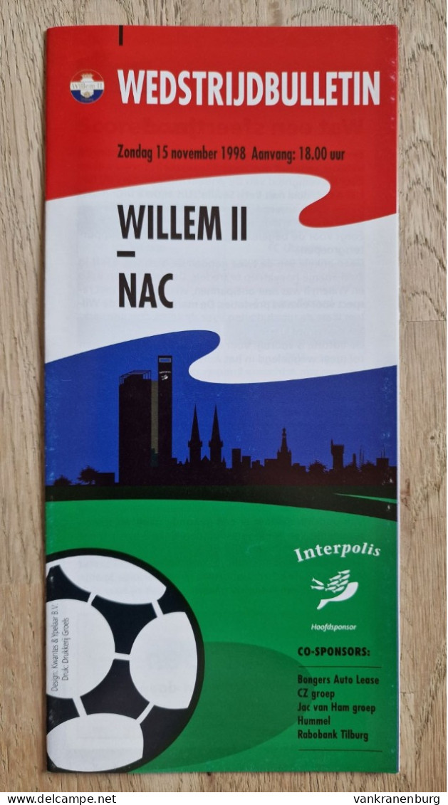 Programme Willem II - NAC Breda - 15.11.1998 - Eredivisie - Holland - Programm - Football - Books