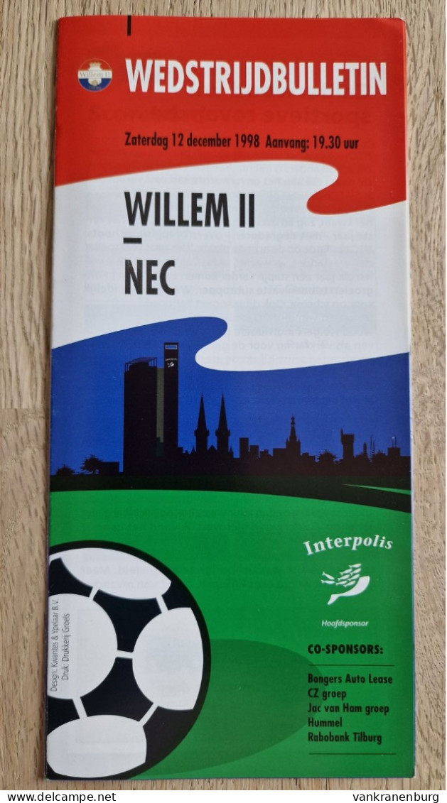 Programme Willem II - NEC Nijmegen - 12.12.1998 - Eredivisie - Holland - Programm - Football - Livres