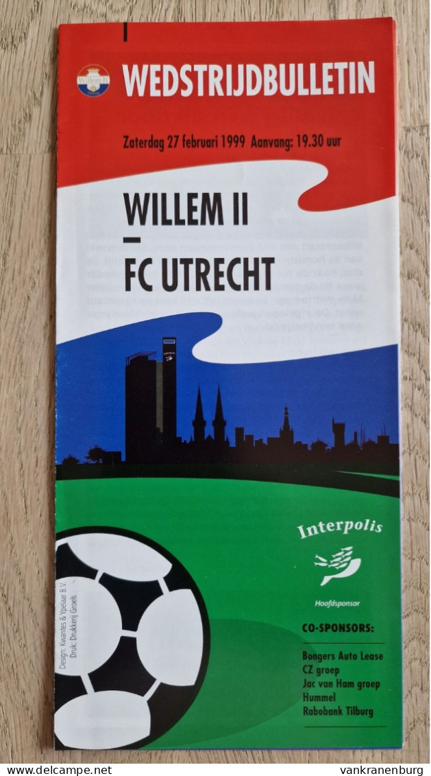 Programme Willem II - FC Utrecht - 27.2.1999 - Eredivisie - Holland - Programm - Football - Livres