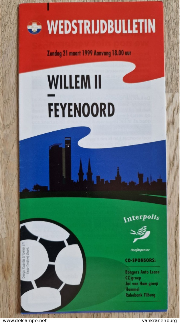 Programme Willem II - Feyenoord - 21.3.1999 - Eredivisie - Holland - Programm - Football - Libros