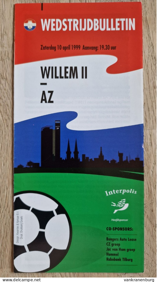 Programme Willem II - AZ Alkmaar - 10.4.1999 - Eredivisie - Holland - Programm - Football - Bücher