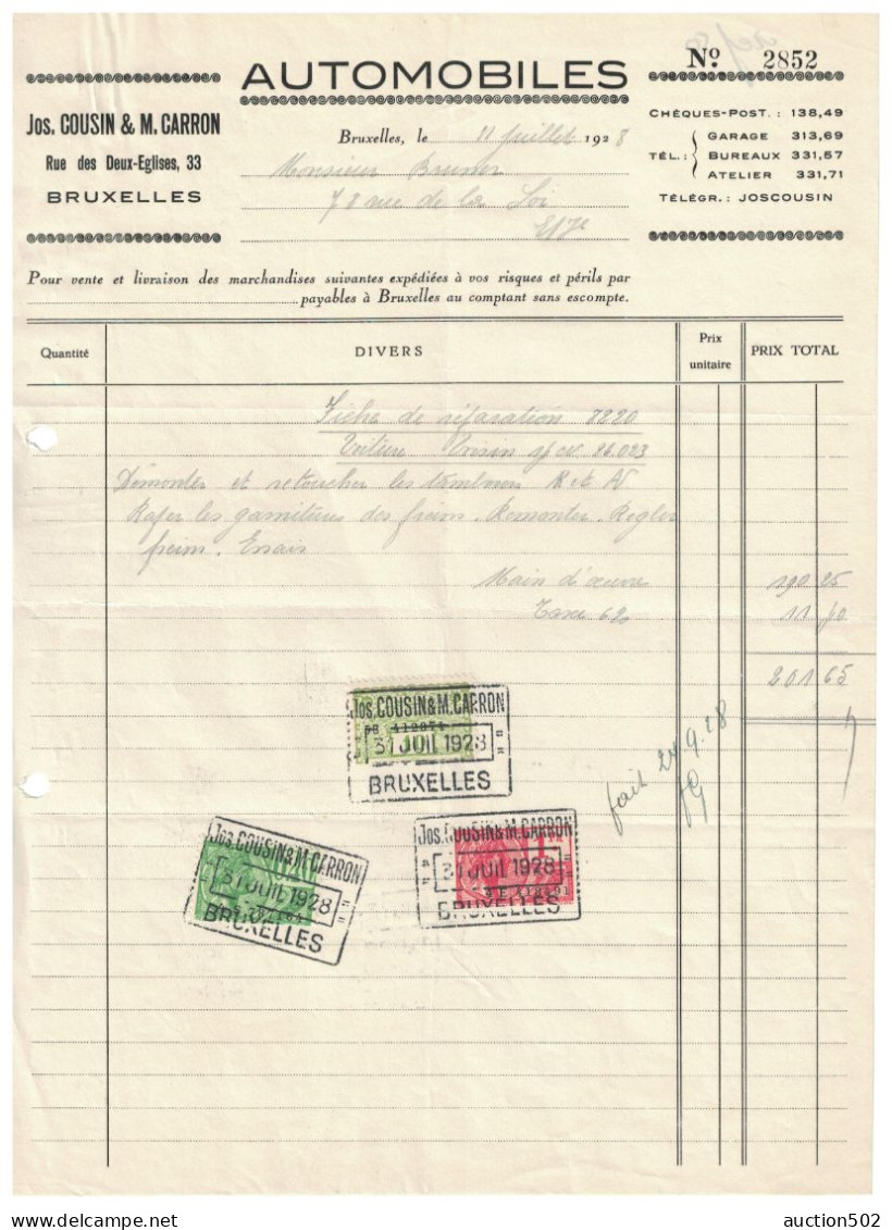 Facture 1928 Bruxelles Jos. Cousin & M. Carron Automobiles TP Fiscaux - Automobil