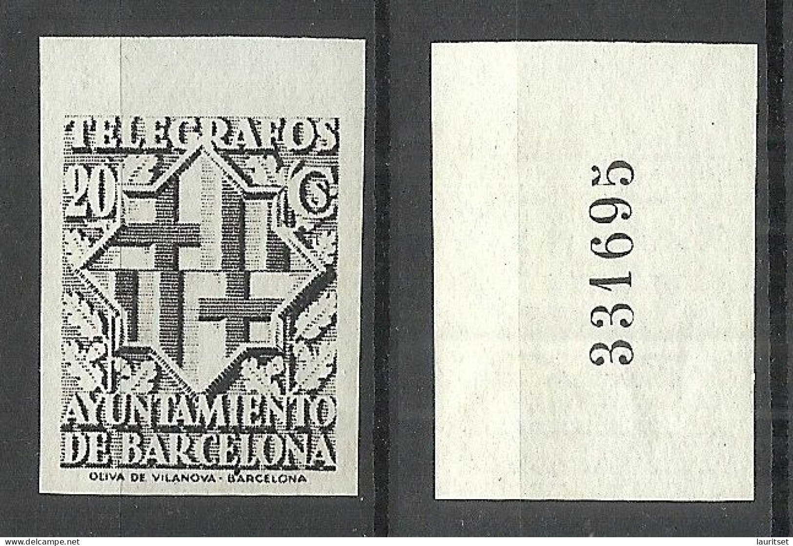 SPAIN Spanien Espana 1941 Ayuntamiento De Barcelona Imperforated Telegrafos 20 C. PROOF? - Barcelona