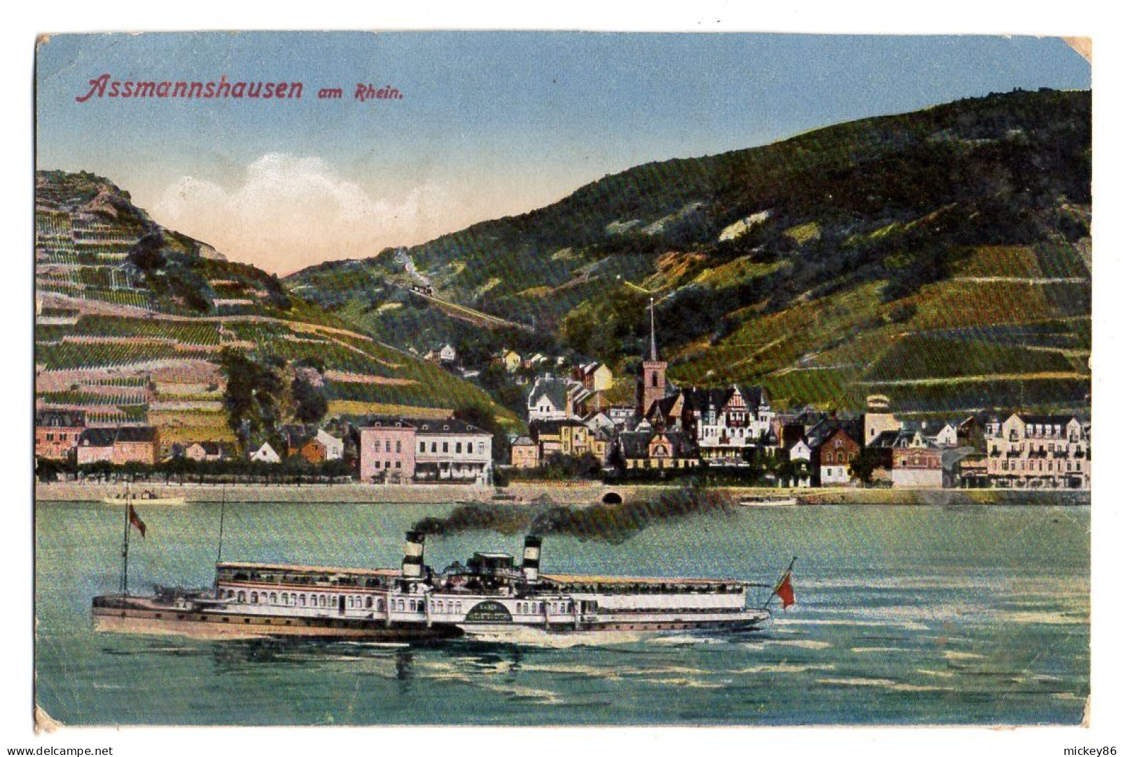 Allemagne --RUEDESHEIM A.Rhein--Assmannshausen--1918--bateau...colorisée....cachet  Coblenz - Rüdesheim A. Rh.