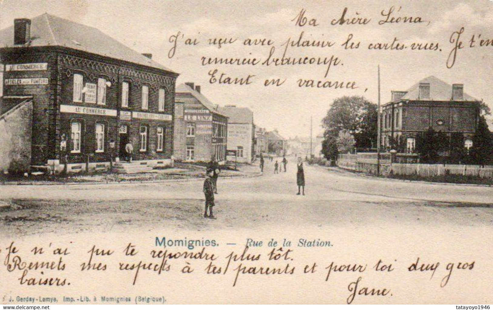 MOMIGNIES  Rue De La Station Café Tabac Au Commerce Bachelare-Gaignet Animée Voyagé En 1902 - Momignies