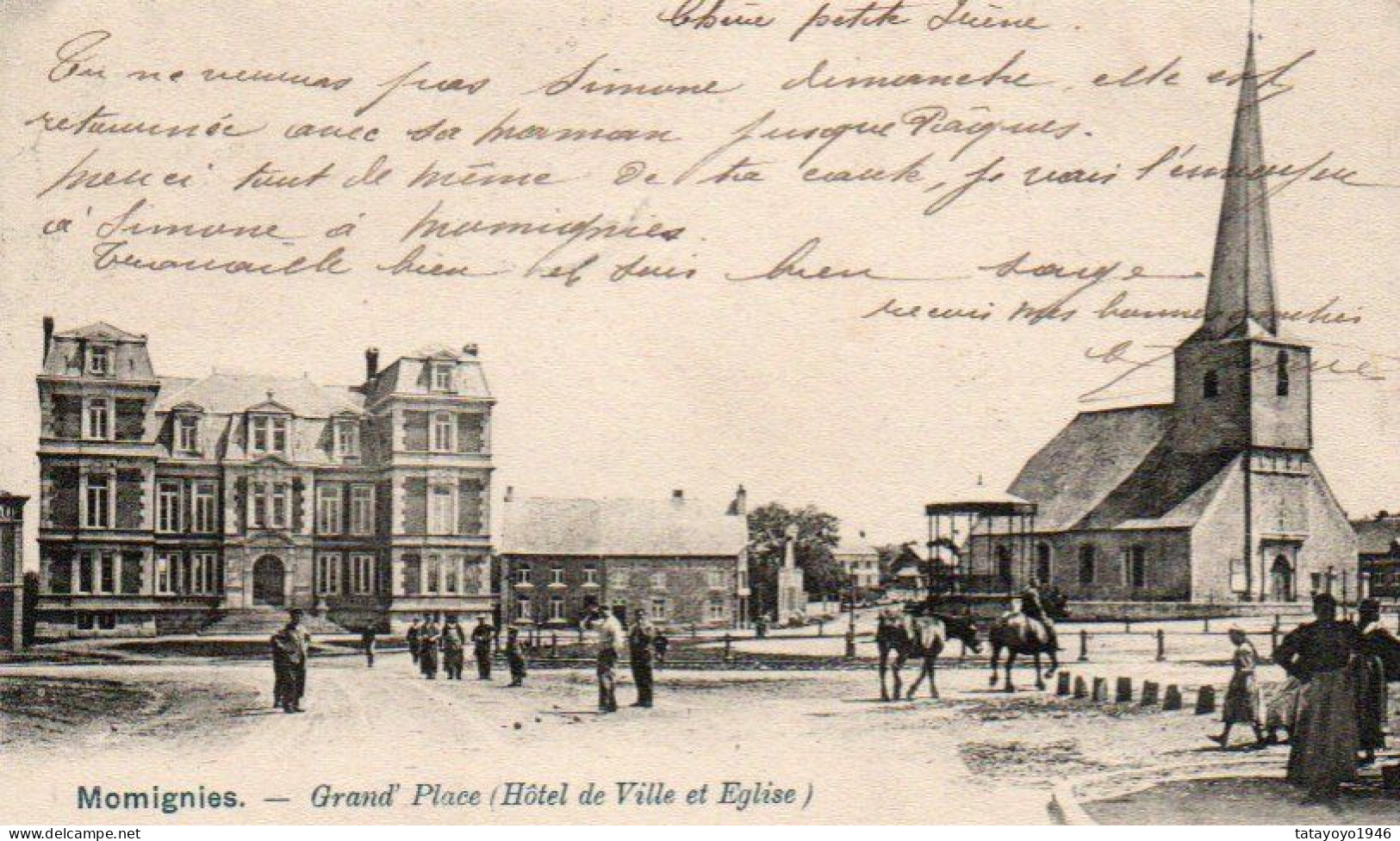 MOMIGNIES  Grand'place Hotel De Ville Et Eglise :animée Voyagé En 1903 - Momignies