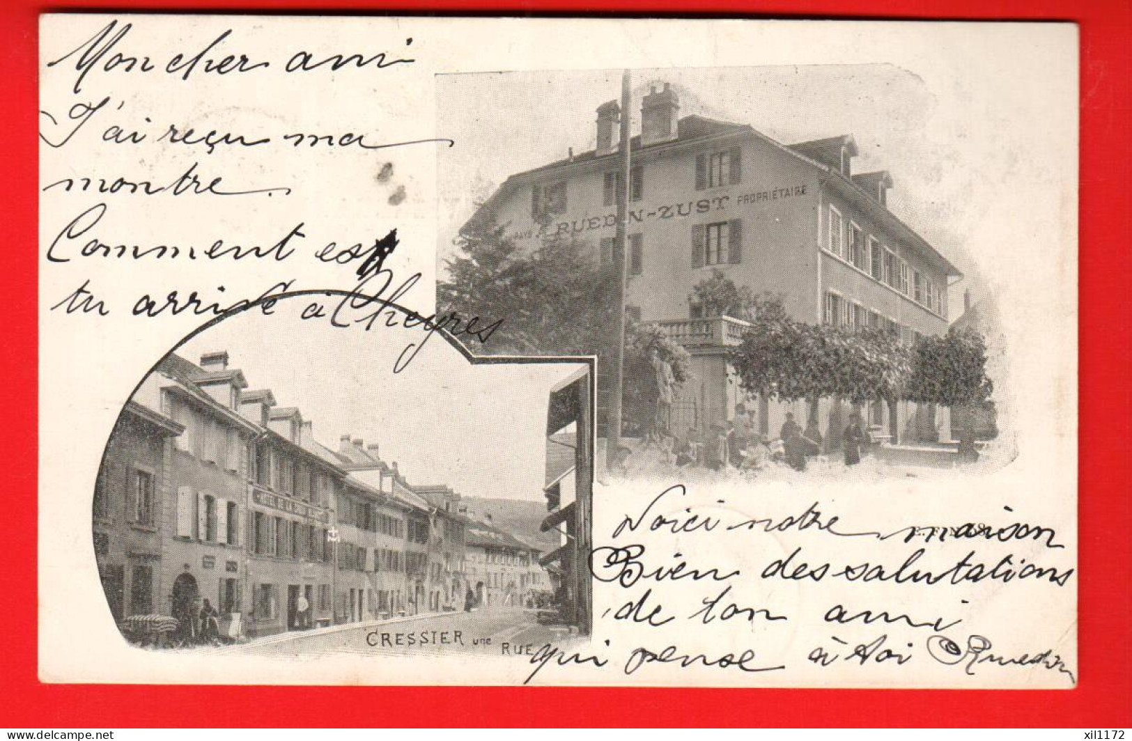 NBA-29 RARE Cressier  Multivues  Hotel De La Croix...?  Entreprise Ruedin-Zust . Dos Blanc. Circ. 1902  Vers Cheyres - Cressier