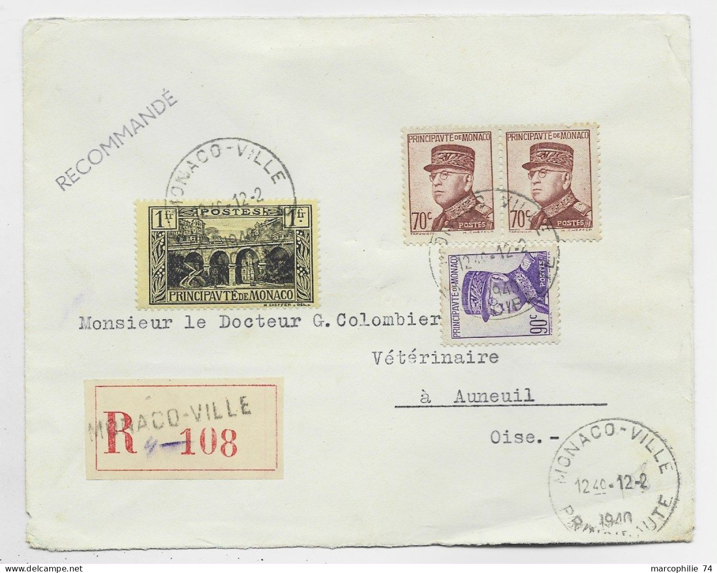 MONACO 1FR+ 70C PAIRE +90C LETTRE COVER REC MONACO VILLE 12.2.1940 - Lettres & Documents