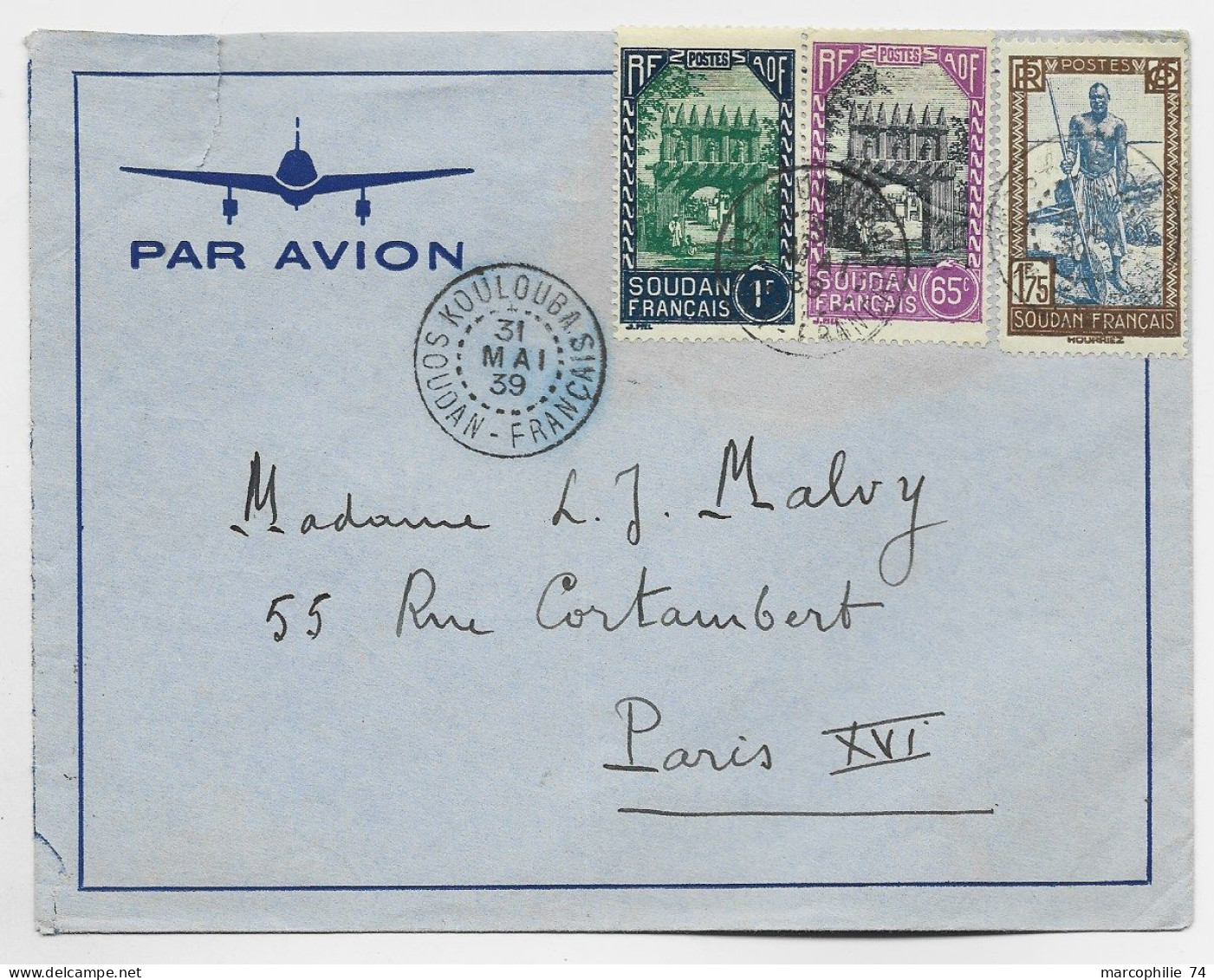 SOUDAN 1FR+65C+1FR75 LETTRE COVER AVION KOULOUBA 31 MAI 1939 SOUDAN FRANCAIS POUR PARIS - Briefe U. Dokumente