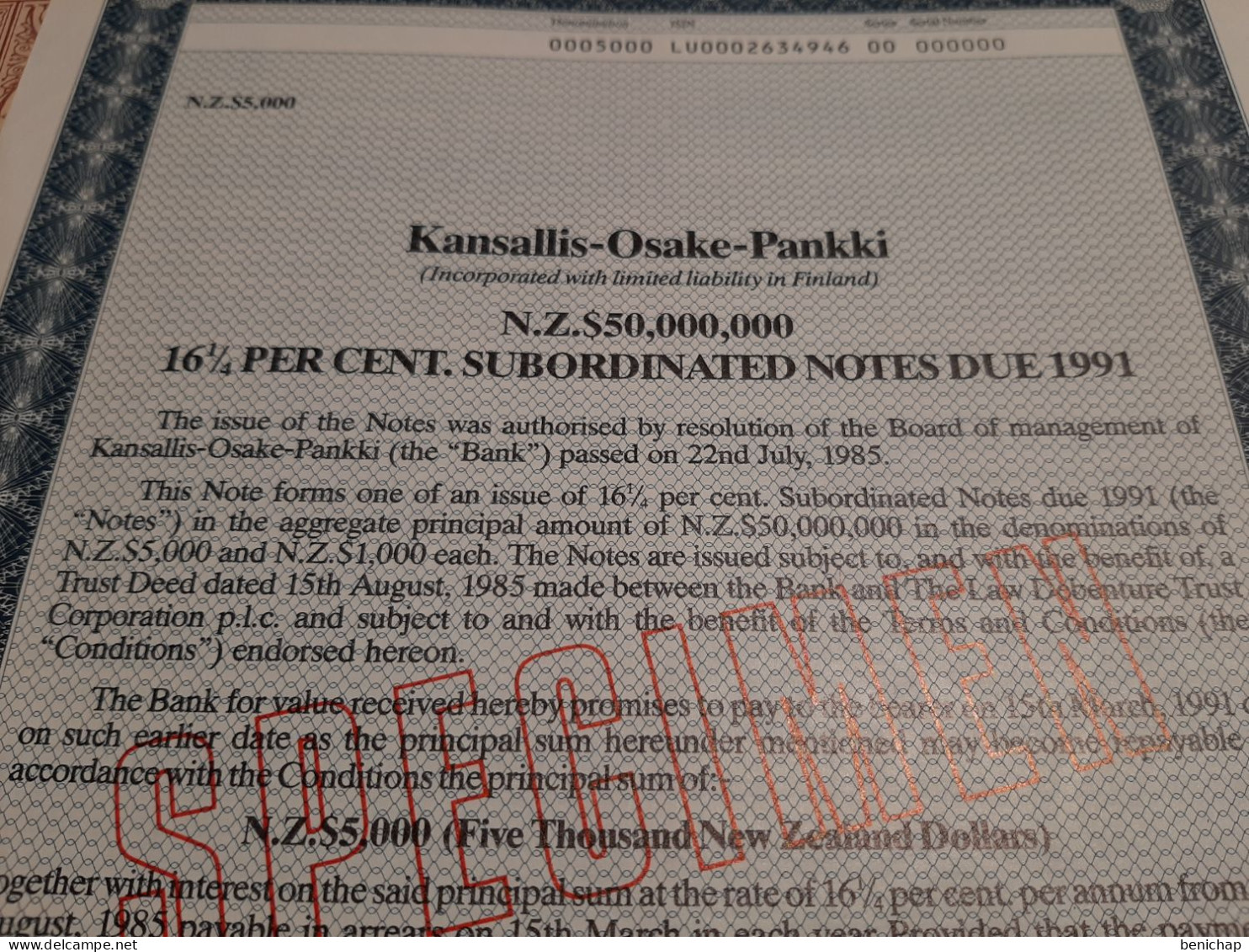 Bank Kansalis - Osake - Pankki - Titre "Specimen" - N.Z. 85.000 (New Zealand Dollars) London, England 15 Août 1985. - Banque & Assurance