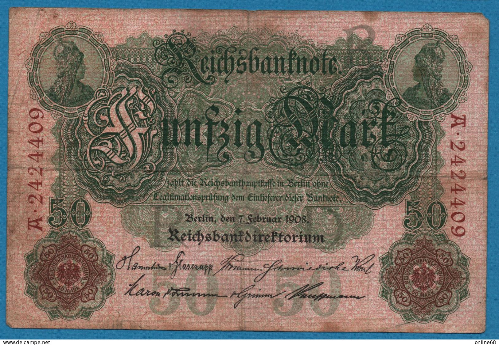 DEUTSCHES REICH 50 MARK 07.02.1908 # A2424409 P# 32 - 50 Mark