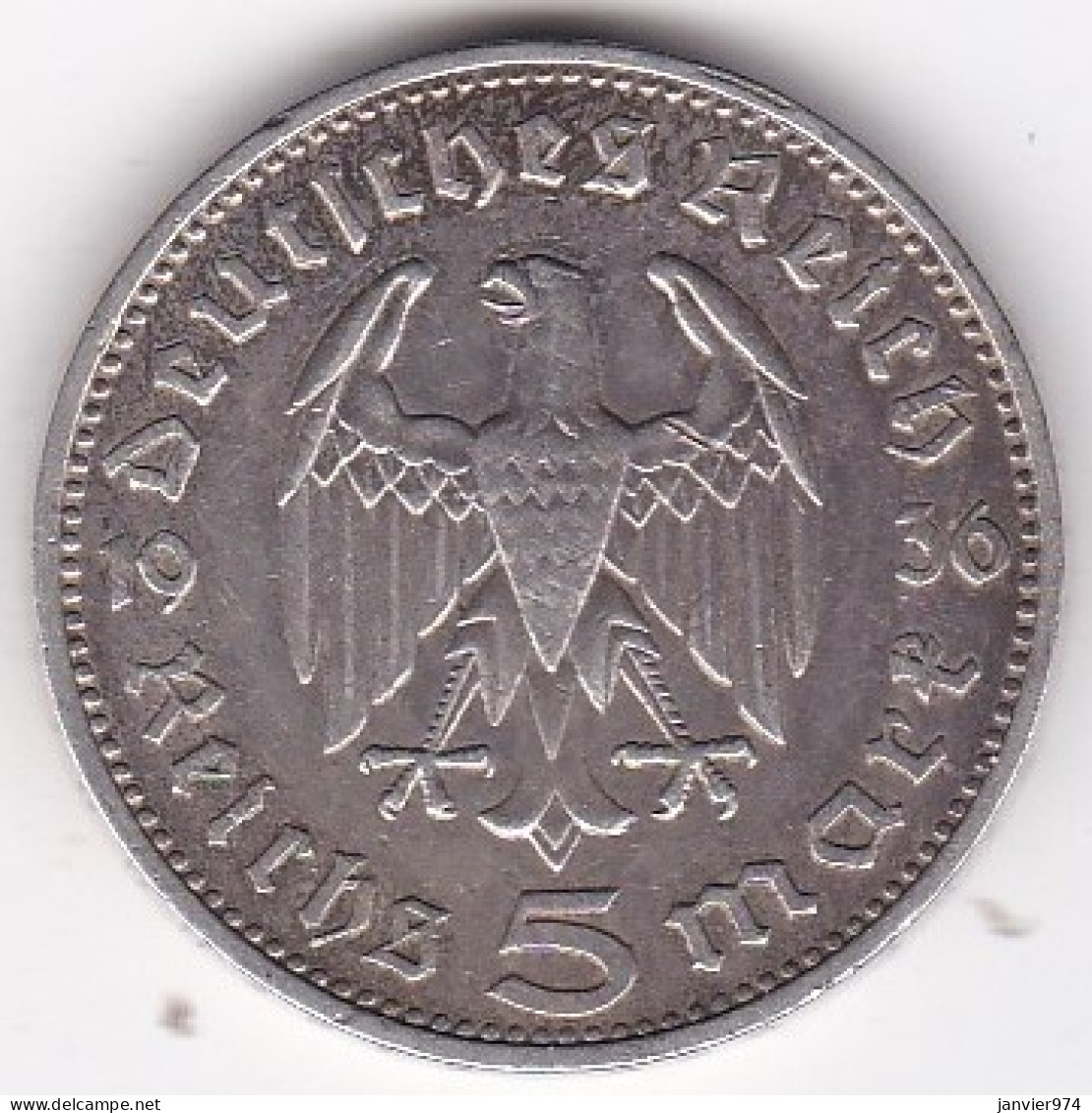5 Reichsmark 1936 J Hambourg, Position B , Paul Von Hindenburg, En Argent - 5 Reichsmark