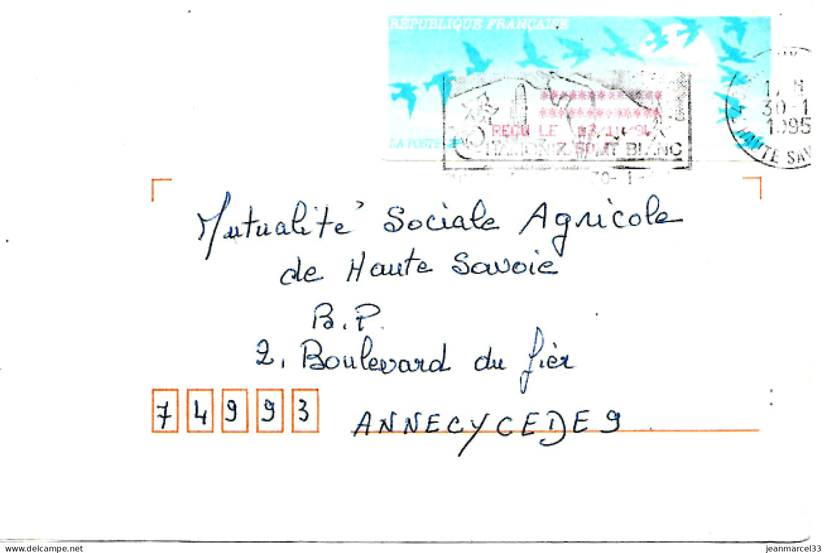 Lettre Vignette Oiseaux (reçu 13/11/91) Utilisé Le 30-1-95 à Chamonix Mont Blanc, N'a Pas Pouvoir D'affranchissement - Storia Postale