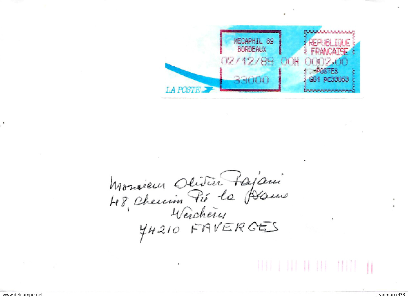 Lettre Vignette Comète Mécaphil 89 Bordeaux 02/12/89 Affranchissement à 2,20 Au Tarif - Covers & Documents