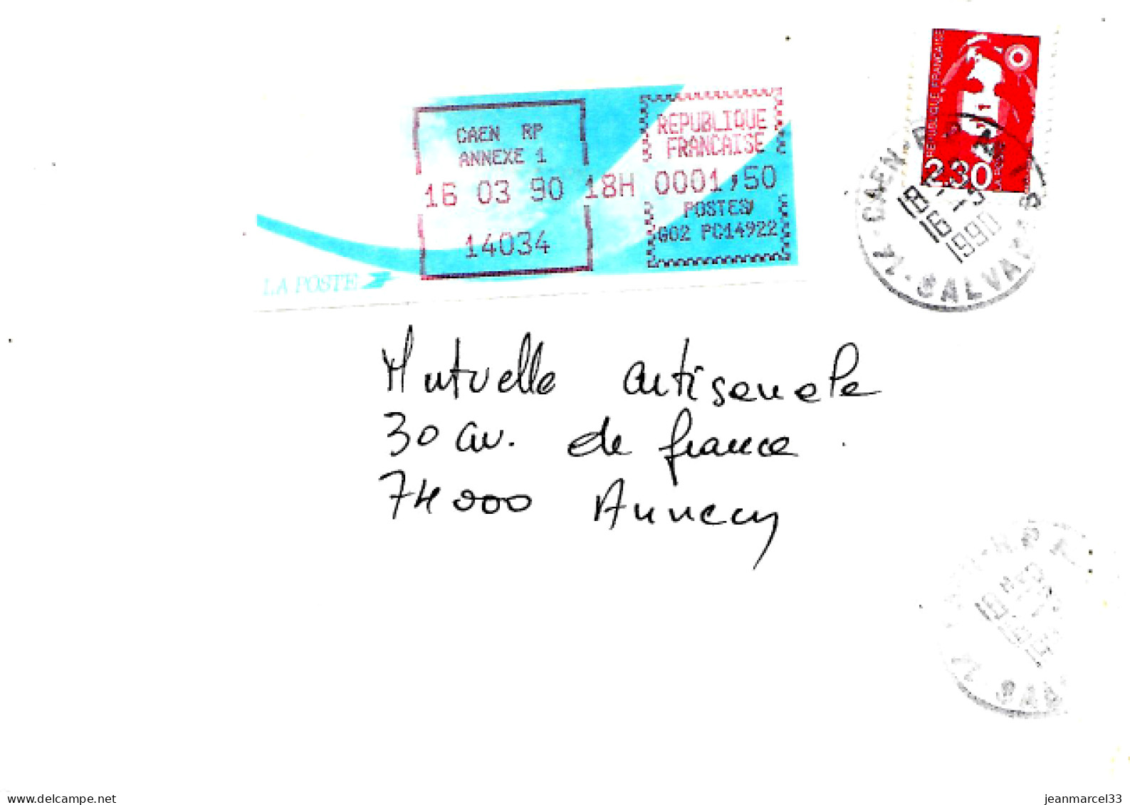 Lettre Vignette Comète Caen RP Annexe 1  16 03 90 En Complèment D'affranchissement Lettre Double - Storia Postale