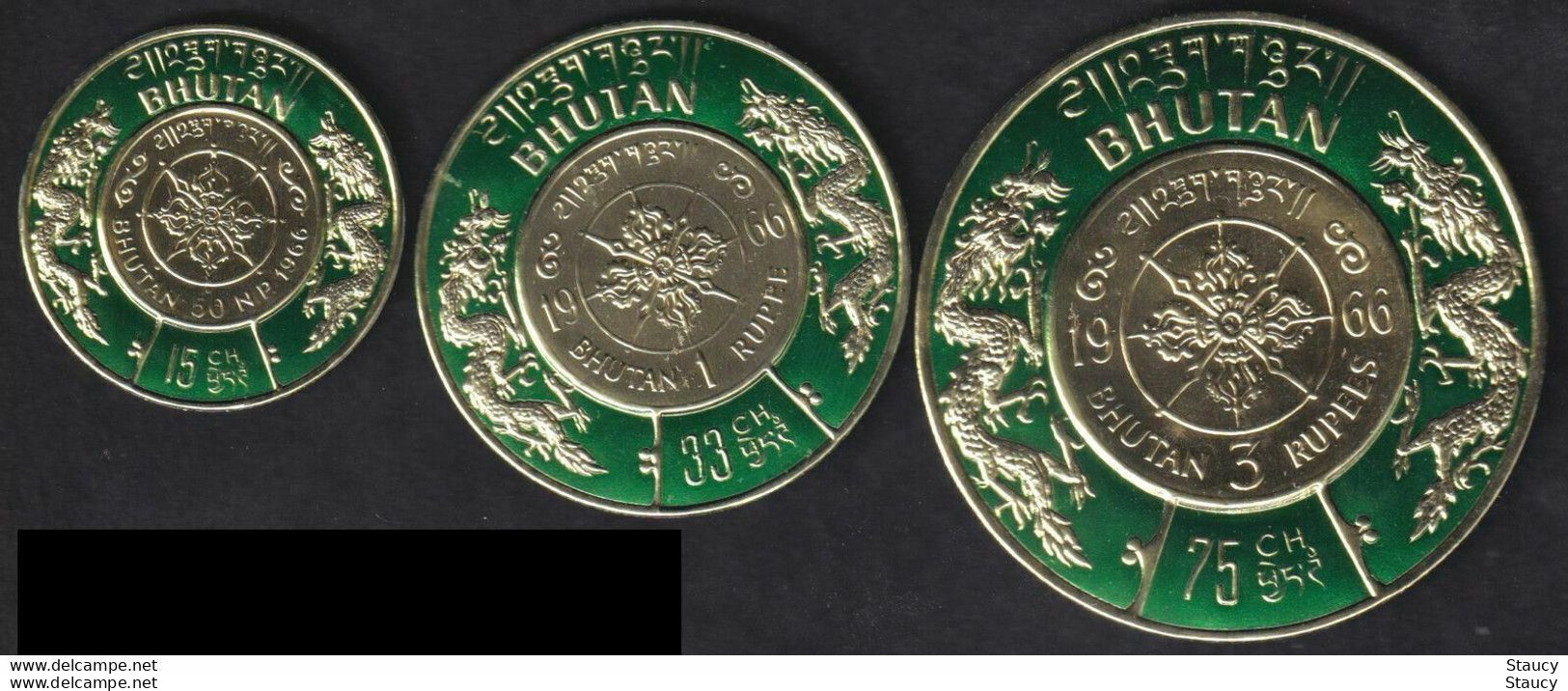 BHUTAN UNISSUED 1966 "GOLD COIN" SET OF 3 W/ MAJOR PRINTING ERROR IN VALUE, UNISSUED, As Per Scan - Erreurs Sur Timbres