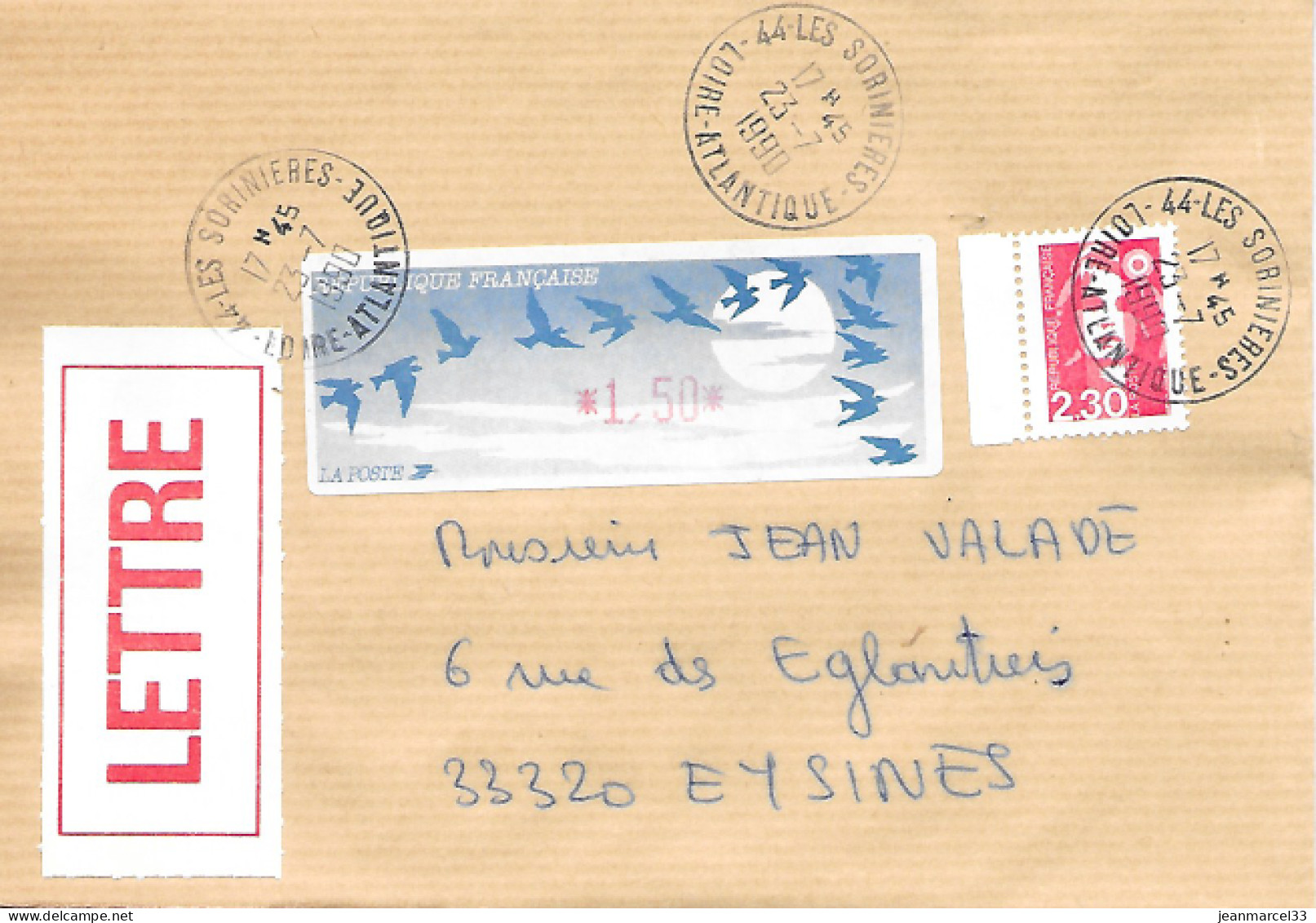 Vignette Oiseaux En Complèment D'affranchissement Lettre Double 44-les Sorinières 23-7 1990 - Storia Postale