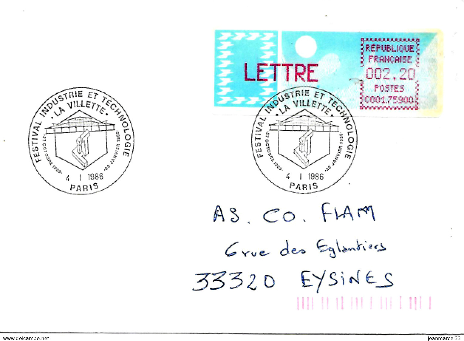 Lettre Vignette Carrier Cachet Temporaire Paris La Villette 4 I I986 Affranchissement à 002,20 - Storia Postale