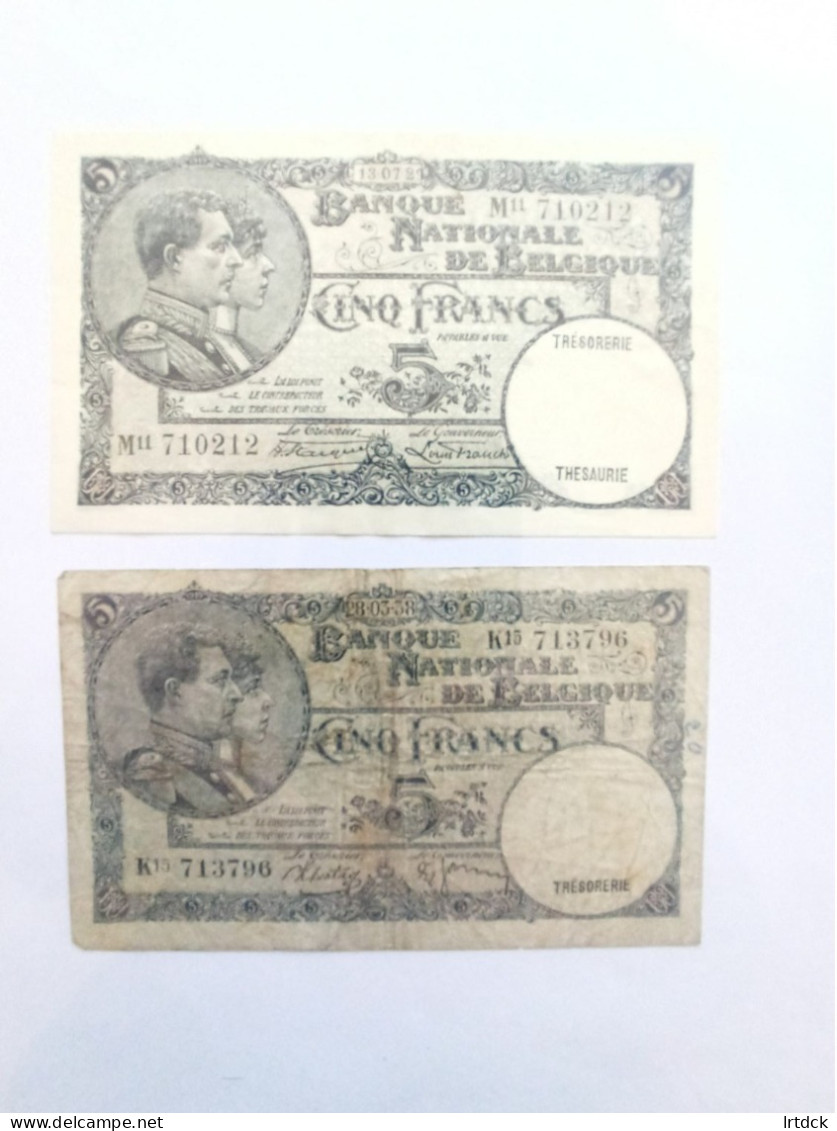 2 Billets 5 Francs Belgique 1929  Et 1938 - 5 Francs