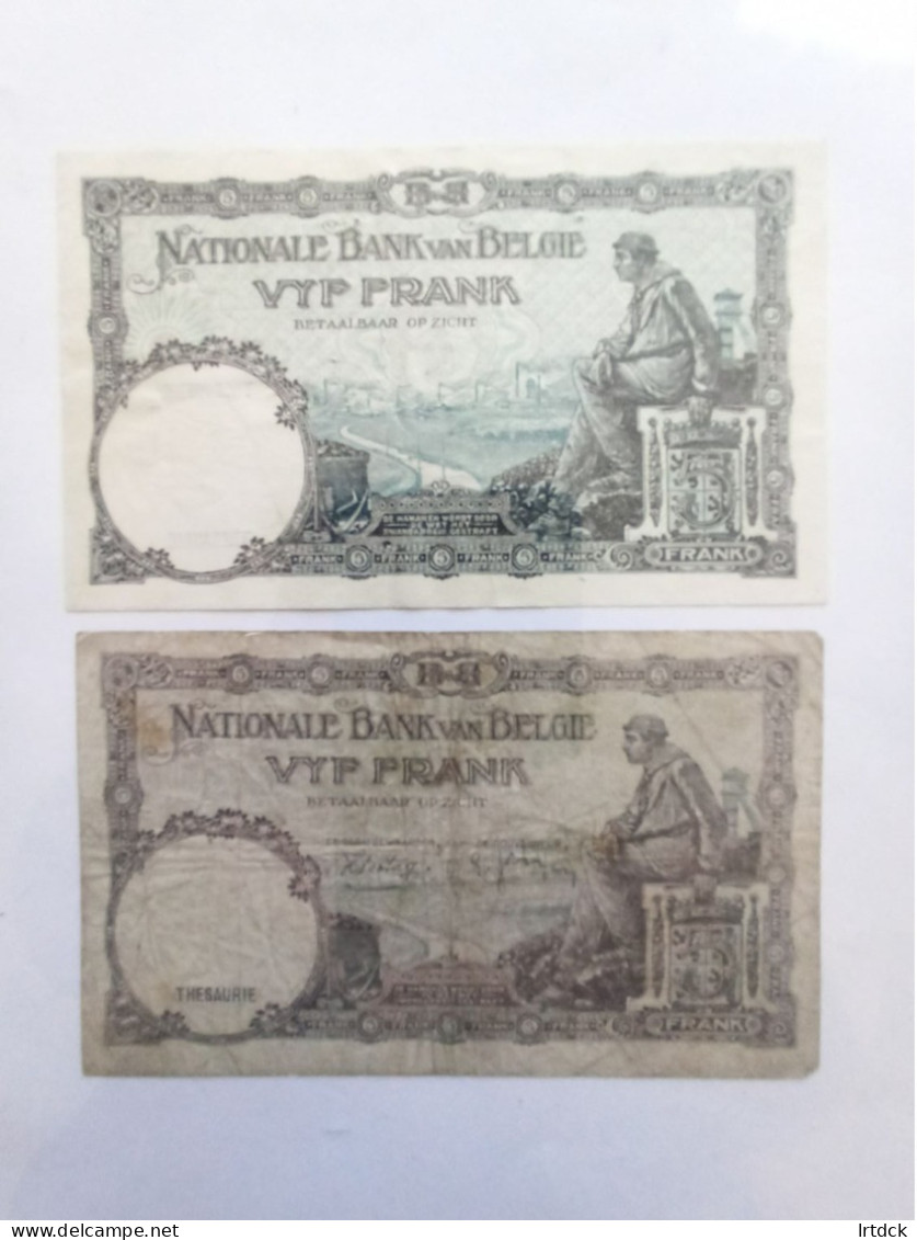 2 Billets 5 Francs Belgique 1929  Et 1938 - 5 Francs
