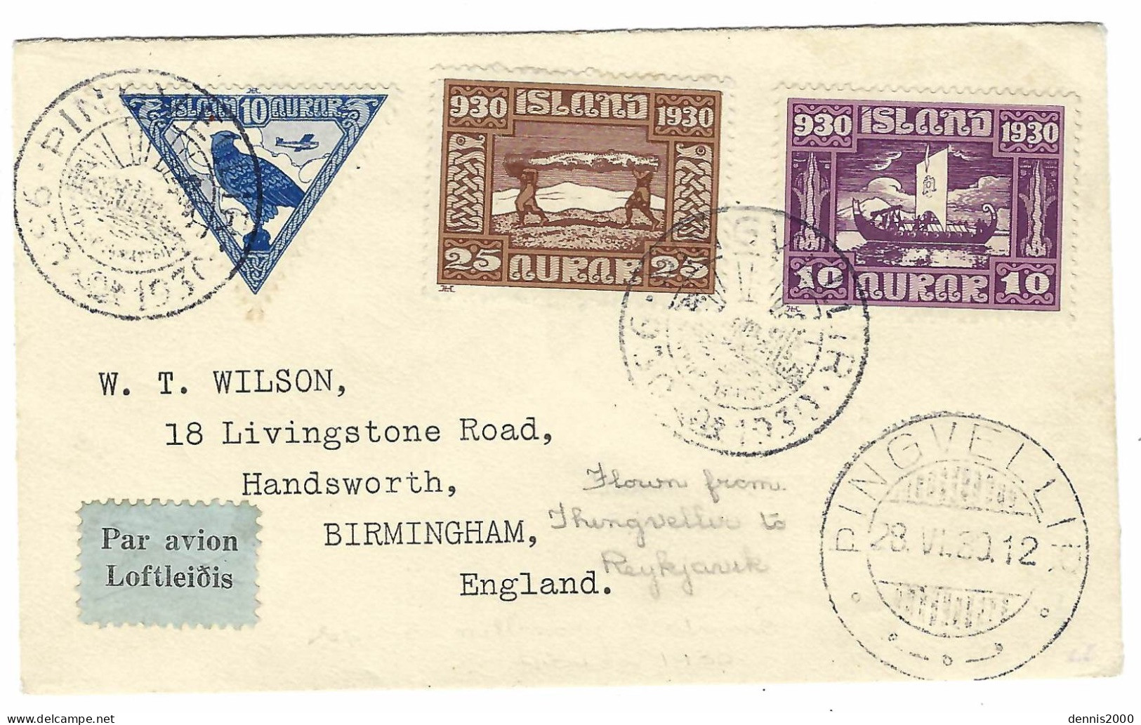 28 - V1- 30 - AIR MAIL Cover From THINGVELLIR  To REYKJAVIK Fr. 45 Aurar  With Y & T N° 3 Ae - Lettres & Documents