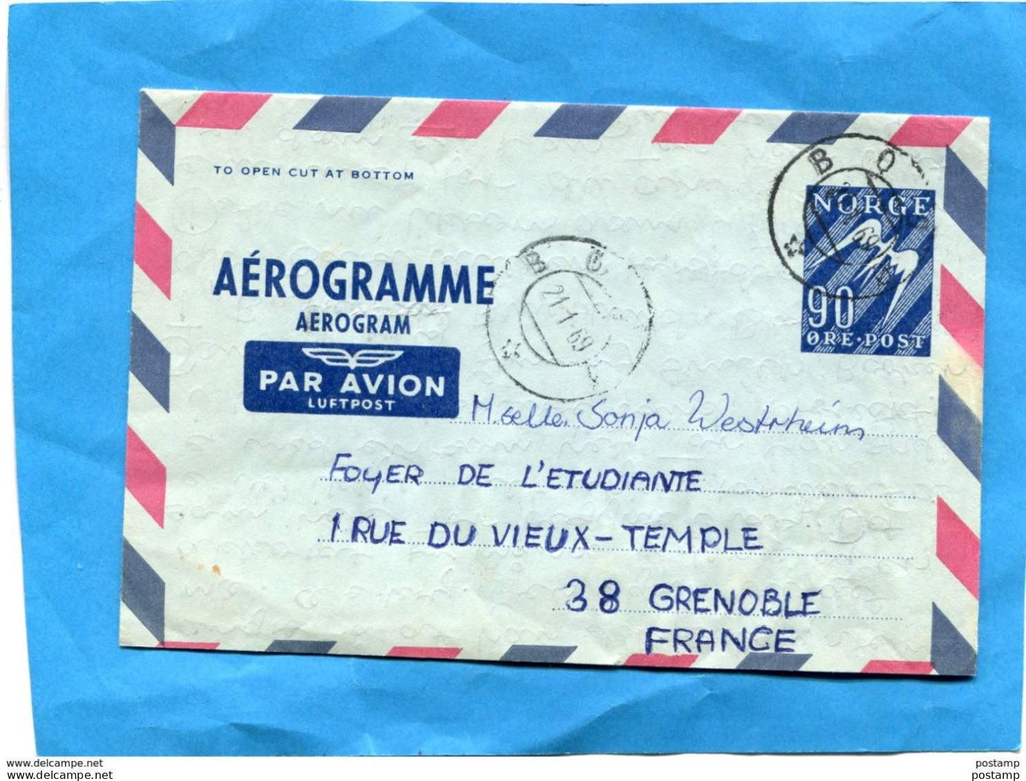 NORVEGE-Aérogramme -postal-stationnery- 90-Ore-1969 Cad    B O >Françe - Briefe U. Dokumente