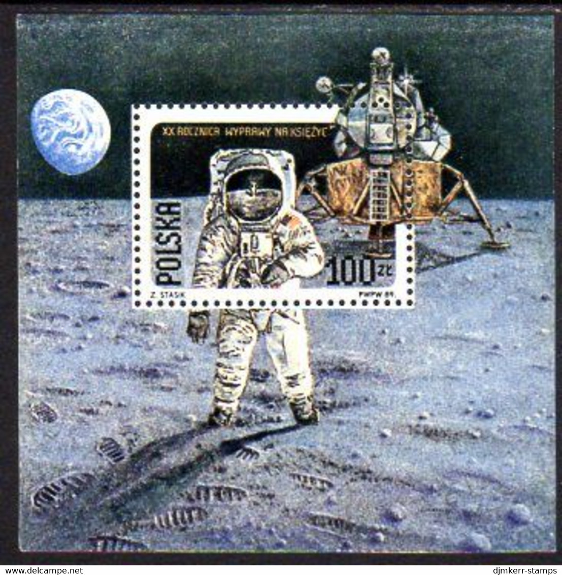 POLAND 1989 First Manned Moon Landing Perforated Block MNH / **.  Michel Block 109A - Unused Stamps