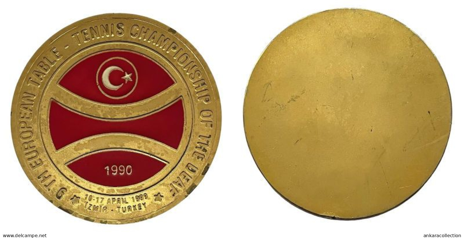 AC - 9th EUROPEAN TABLE TENNIS CHAMPIONSHIP OF THE DEAF 10 - 17 APRIL 1999 IZMIR TURKEY BRASS MEDAL MEDALLION - Apparel, Souvenirs & Other