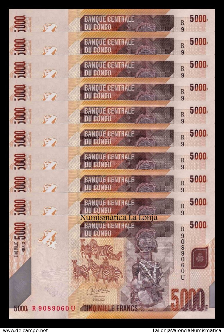 Congo República Democrática Lot 10 Banknotes 5000 Francs 2022 (2023) Pick 102 New Sc Unc - República Democrática Del Congo & Zaire