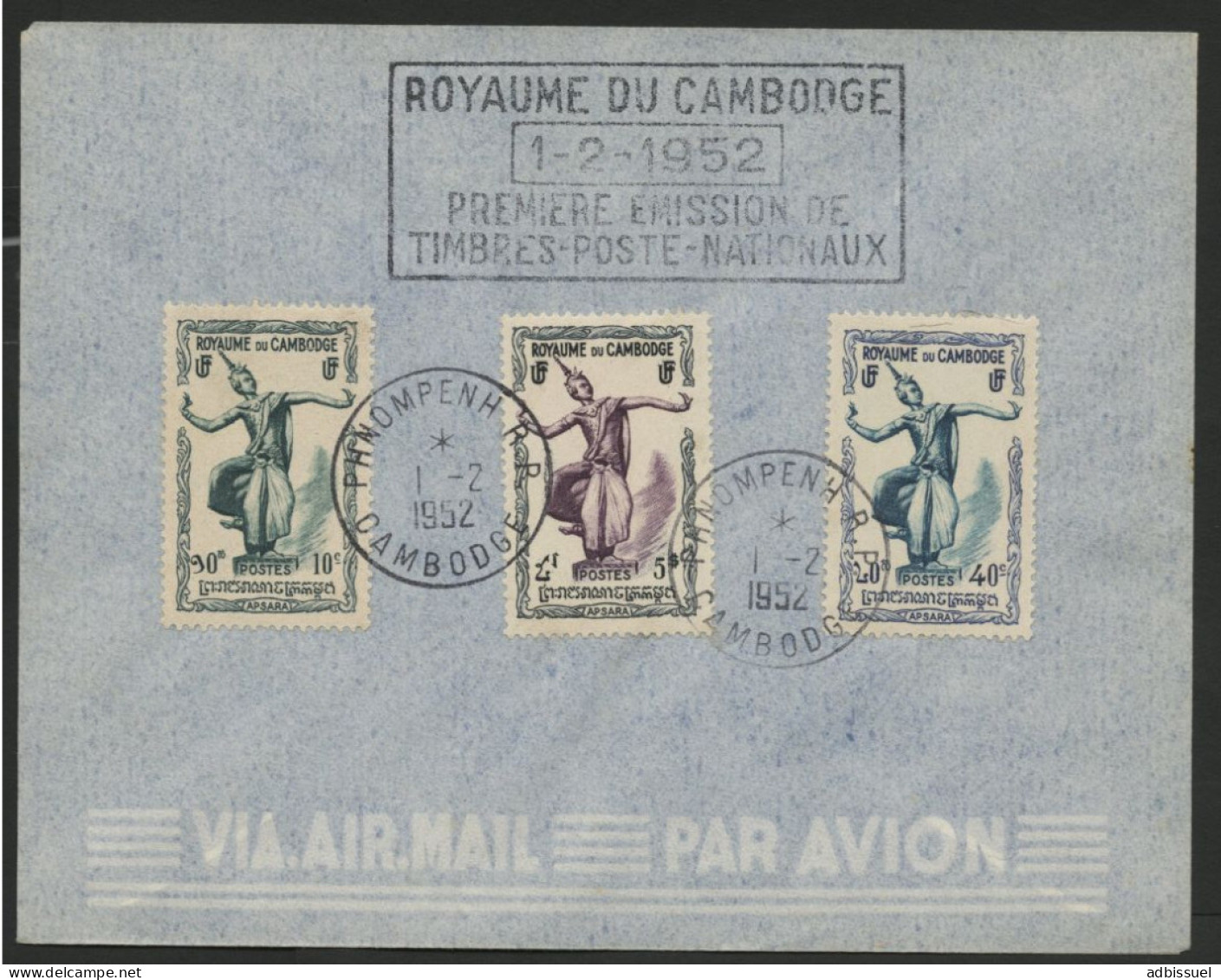 CAMBODGE CAMBODIA Enveloppe PREMIER JOUR FDC Avec N° 1 + 4 + 15 De 1952 (première émission) - Kambodscha