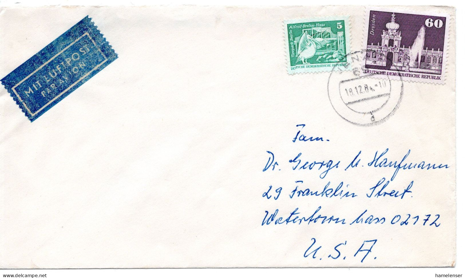 65293 - DDR - 1984 - 60Pfg Gr.Bauten MiF A LpBf JENA -> Watertown, MA (USA) - Storia Postale