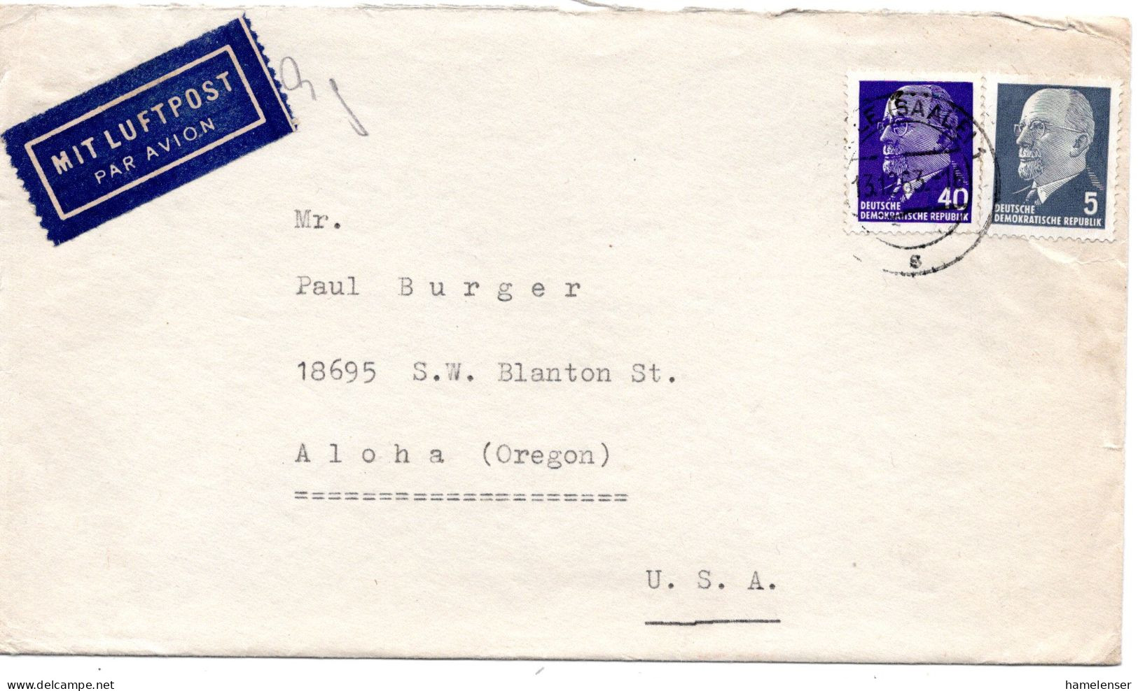 65294 - DDR - 1963 - 40Pfg Ulbricht MiF A LpBf HALLE -> Aloha, OR (USA) - Briefe U. Dokumente