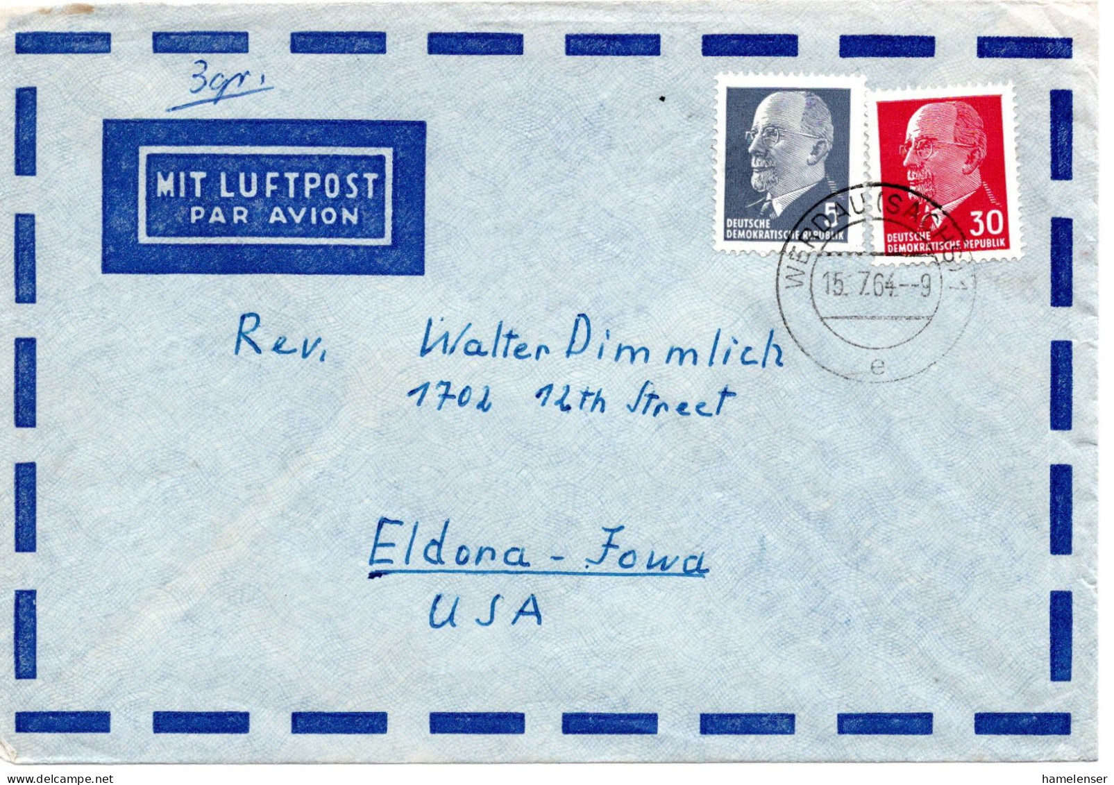 65299 - DDR - 1964 - 30Pfg Ulbricht MiF A LpBf WERDAU -> Eldora, IA (USA) - Storia Postale