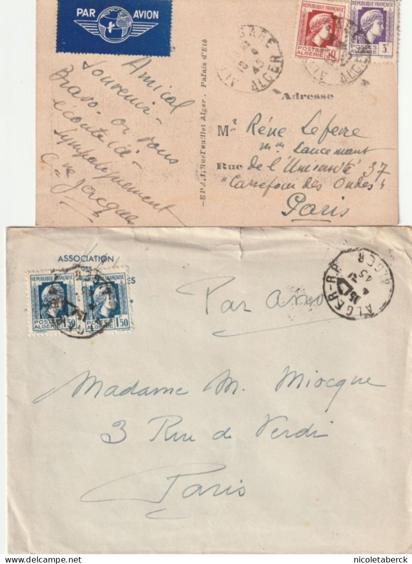 Marianne D'Alger, 1 Lettre, 1 Carte  D'Algérie. - 1944 Coq Et Marianne D'Alger