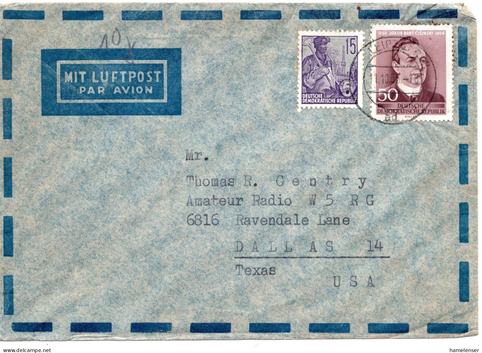 65301 - DDR - 1956 - 50Pfg Cisinski MiF A LpBf LEIPZIG -> Dallas, TX (USA) - Covers & Documents