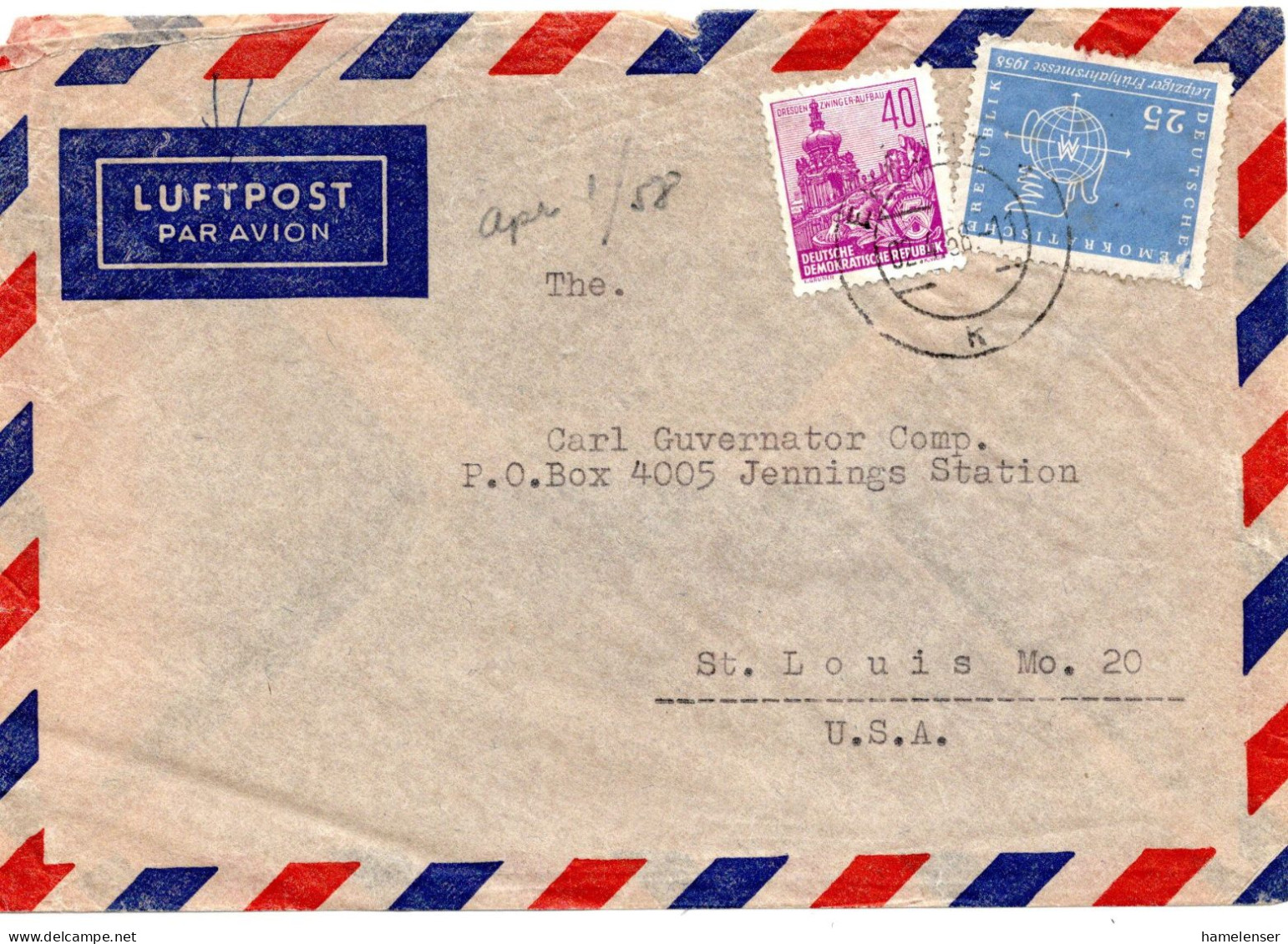 65304 - DDR - 1956 - 40Pfg Fuenfjahrplan MiF A LpBf ERFURT -> St.Louis, MO (USA) - Storia Postale