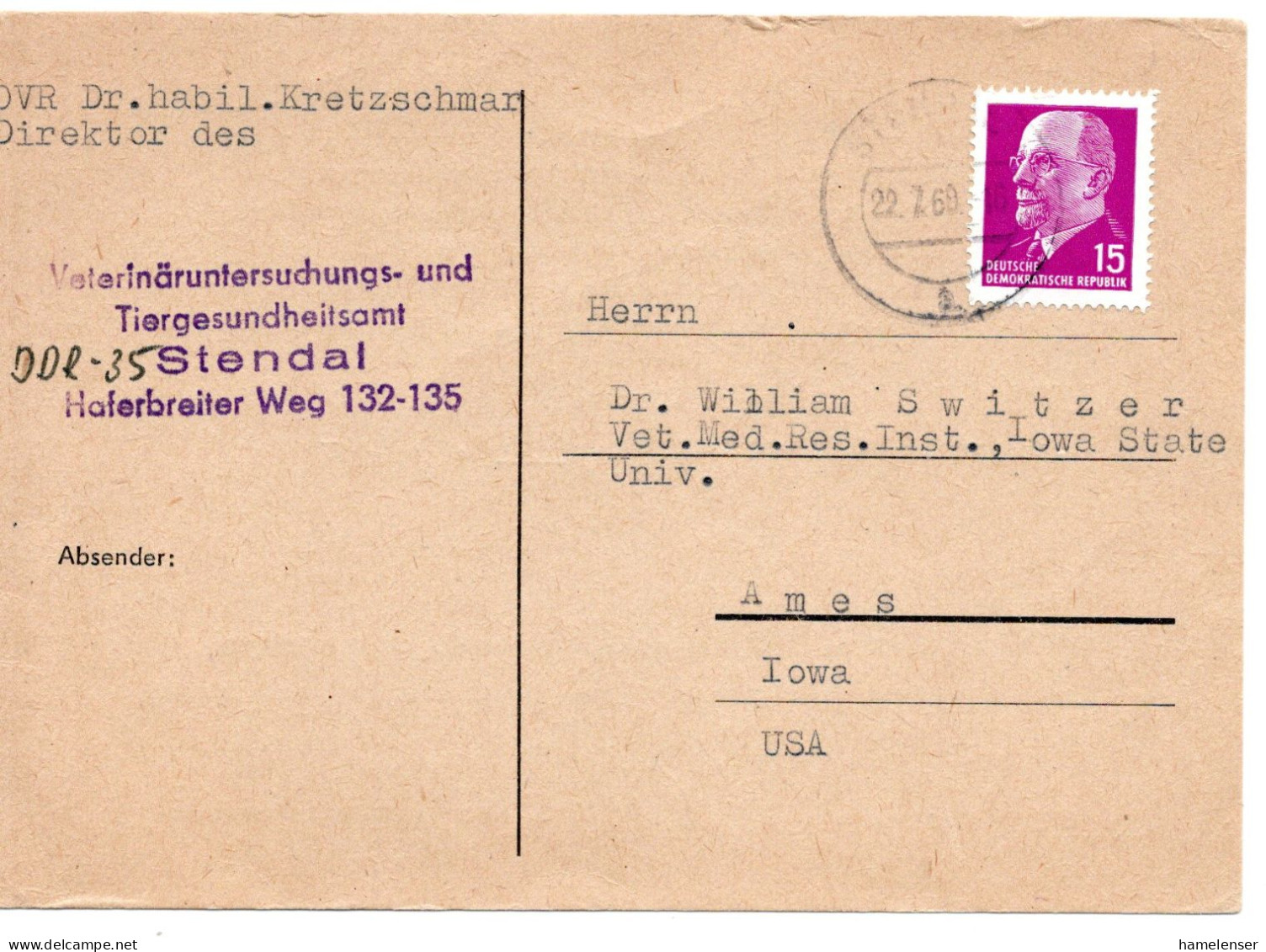 65306 - DDR - 1969 - 15Pfg Ulbricht EF A Kte STENDAL -> Ames, IA (USA) - Covers & Documents