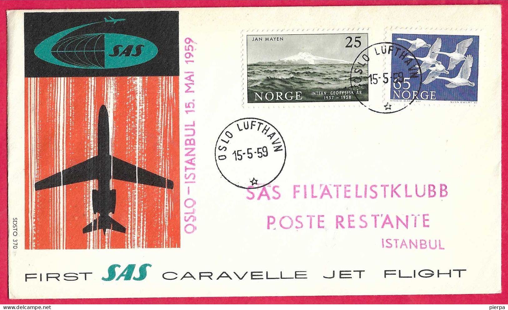 NORGE - FIRST SAS CARAVELLE FLIGHT - FROM OSLO TO ISTANBUL *15.5.59* ON OFFICIAL COVER - Storia Postale