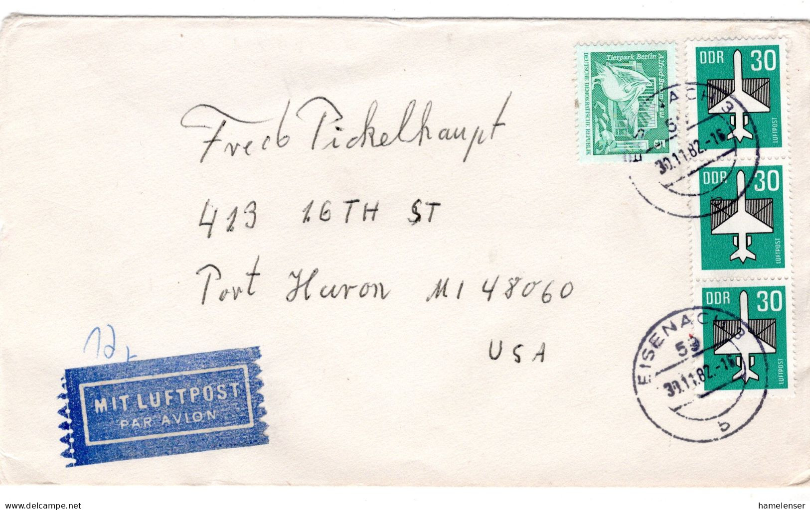 65307 - DDR - 1982 - 30Pfg Luftpost MiF A LpBf EISENACH -> Port Huron, MI (USA) - Lettres & Documents