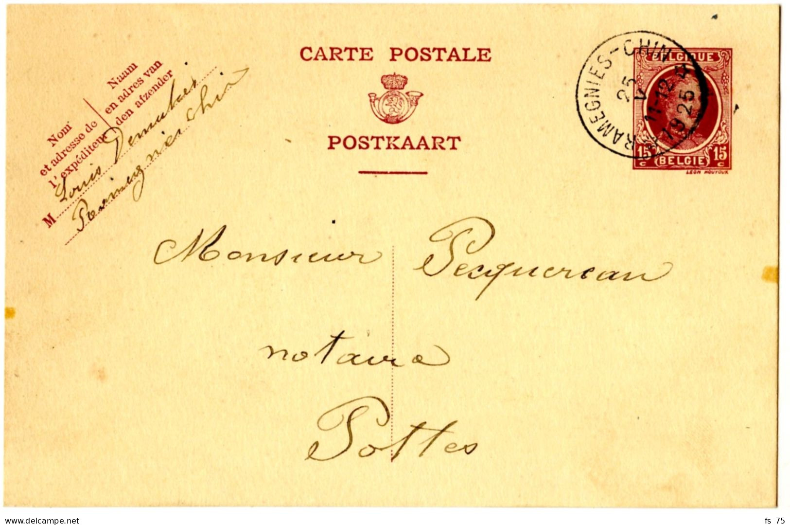 BELGIQUE - SIMPLE CERCLE RELAIS A ETOILES RAMEGNIES-CHIN SUR ENTIER CARTE POSTALE 15C HOUYOUX, 1925 - Postmarks With Stars