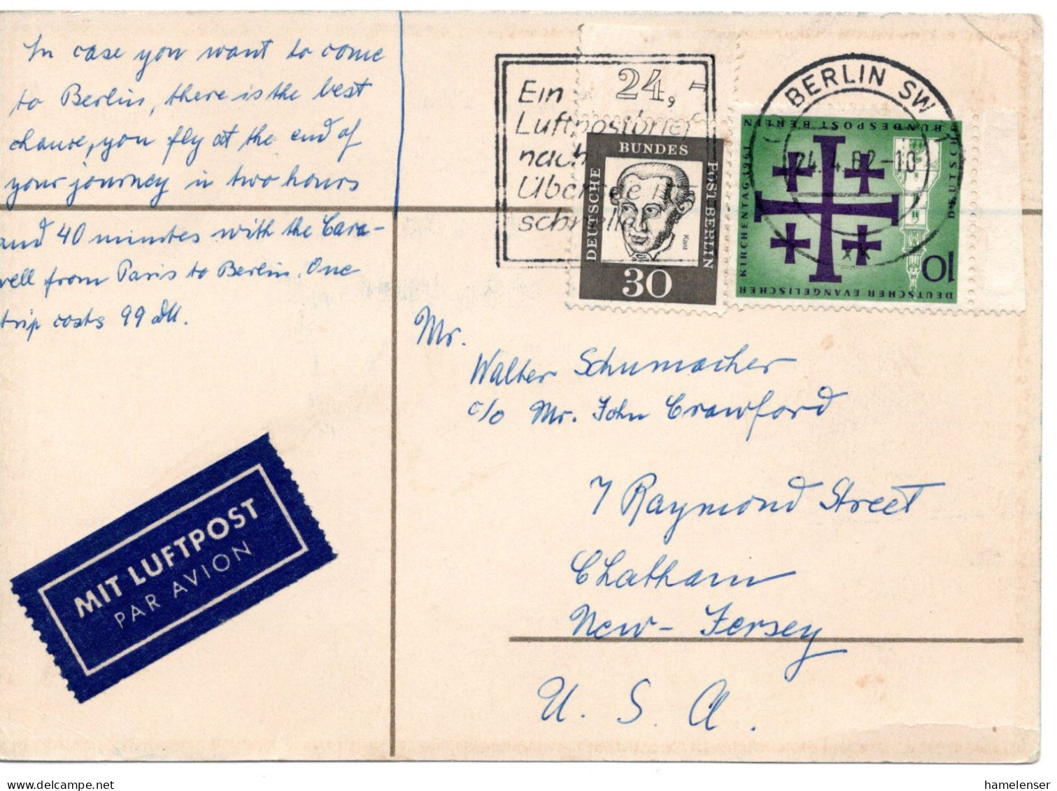 65310 - Berlin - 1962 - 30Pfg Kant MiF A LpAnsKte BERLIN - ... -> Chatham, NJ (USA) - Storia Postale