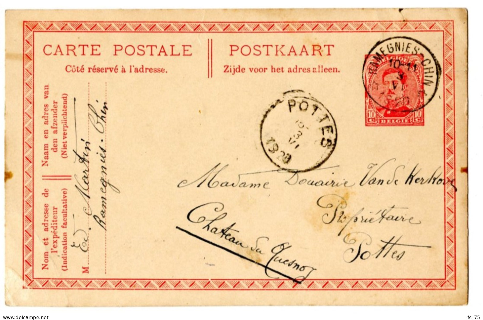 BELGIQUE - SIMPLE CERCLE RELAIS A ETOILES RAMEGNIES-CHIN SUR ENTIER CARTE POSTALE 10C ALBERT 1ER, 1920 - Postmarks With Stars