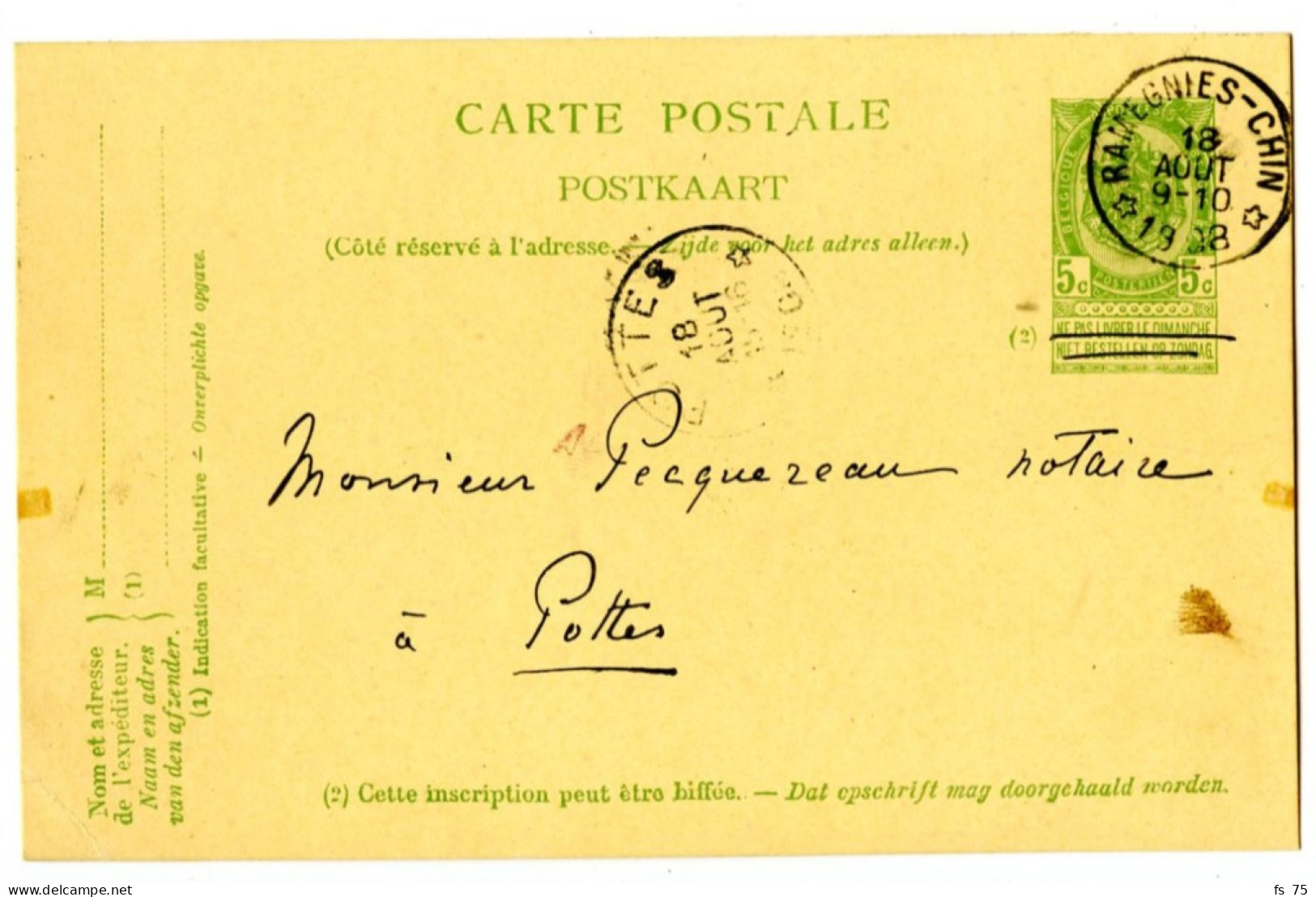 BELGIQUE - SIMPLE CERCLE RELAIS A ETOILES RAMEGNIES-CHIN SUR ENTIER CARTE POSTALE 5C ARMOIRIES, 1908 - Postmarks With Stars