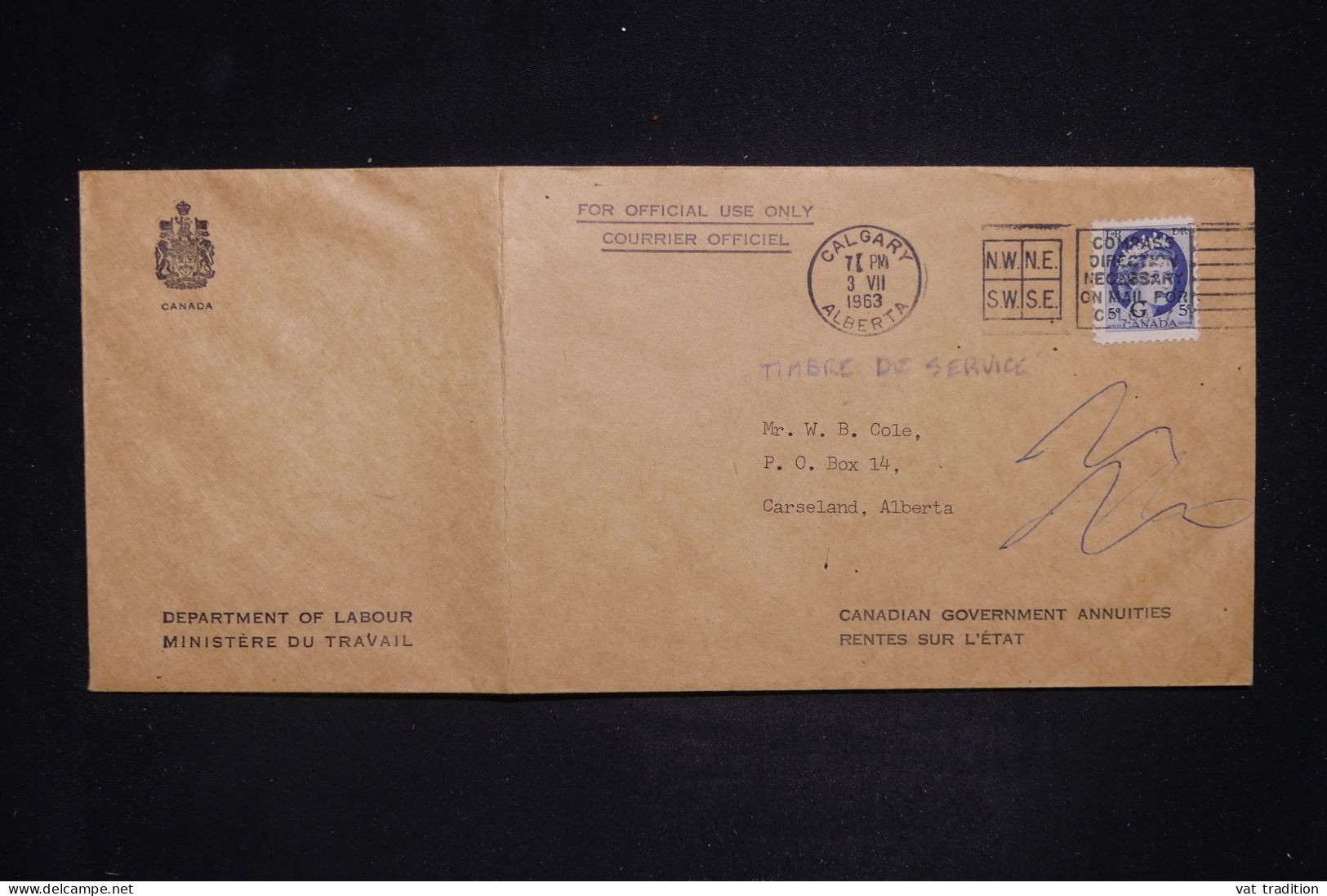 CANADA - Enveloppe Ministérielle De  Calgary Pour Carseland En 1963 - L 143089 - Storia Postale