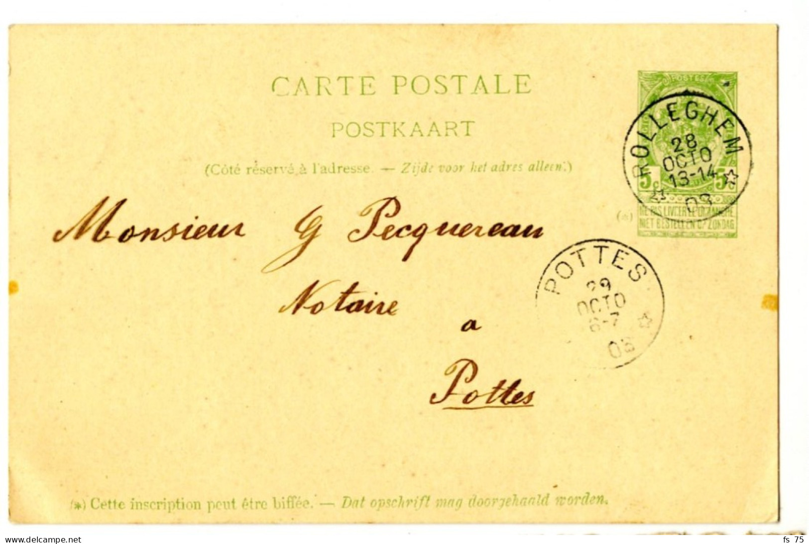 BELGIQUE - SIMPLE CERCLE RELAIS A ETOILES ROLLEGHEM SUR ENTIER CARTE POSTALE 5C ARMOIRIES, 1903 - Postmarks With Stars