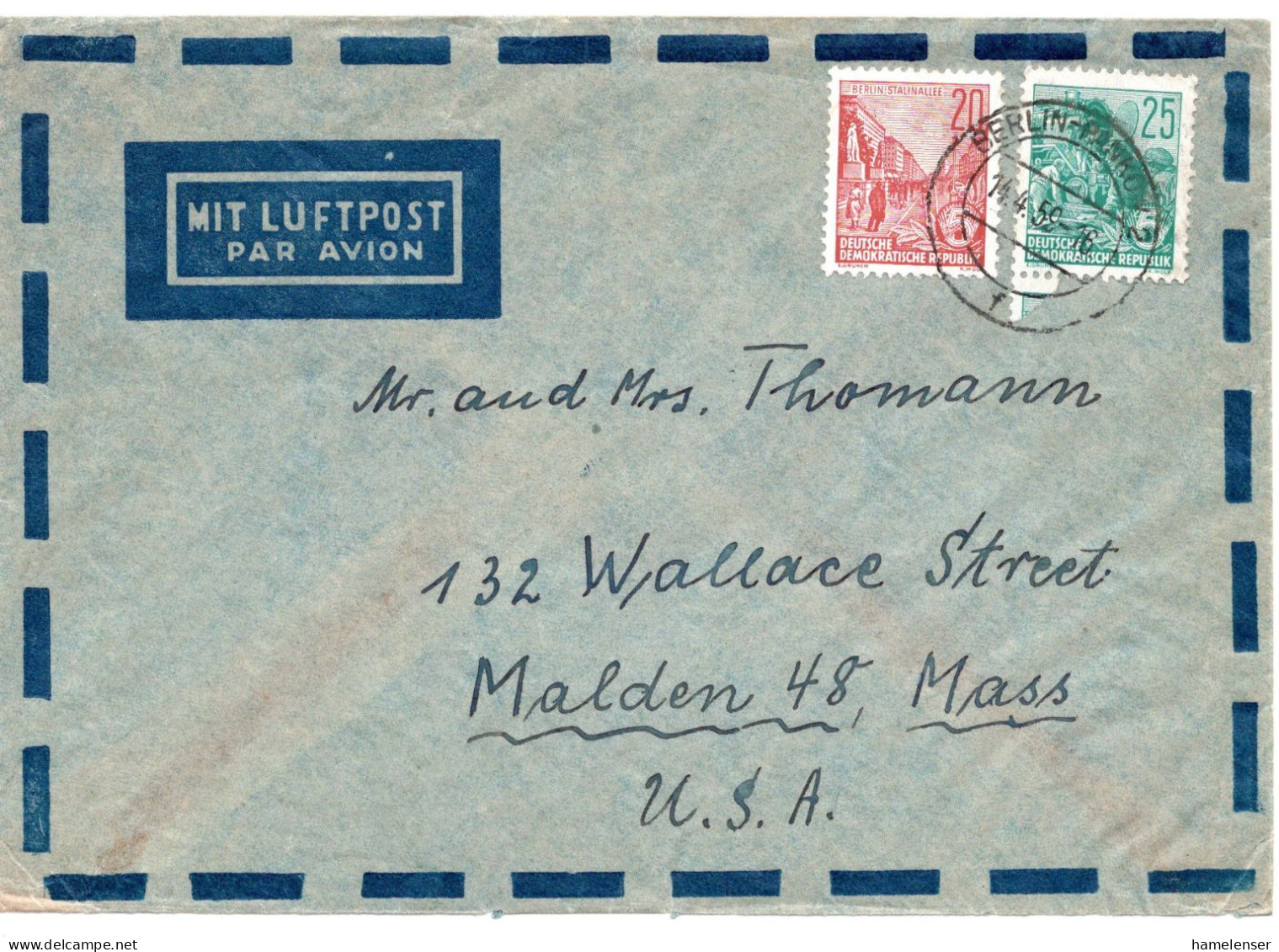 65314 - DDR - 1959 - 25Pfg Fuenfjahrplan MiF A LpBf BERLIN -> Malden, MA (USA) - Covers & Documents