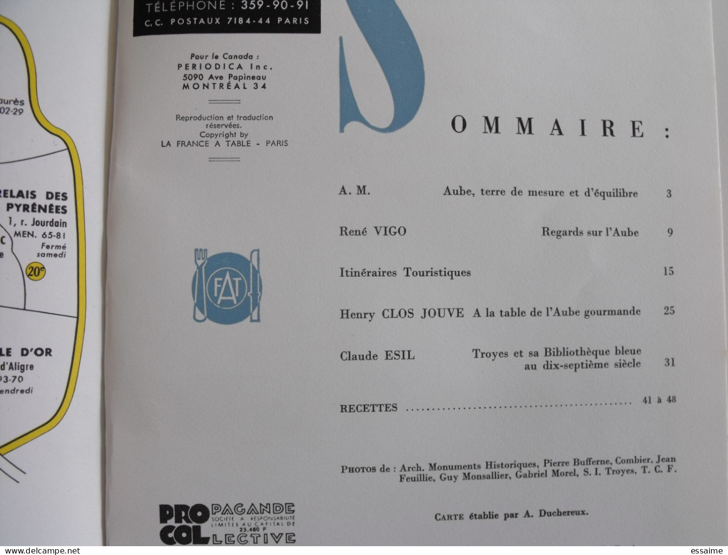 La France à Table N° 122. 1966. Aube. Nogent Le Paraclet Troyes Rumilly Chaource Bar Riceys Dampierre. Gastronomie - Tourisme & Régions