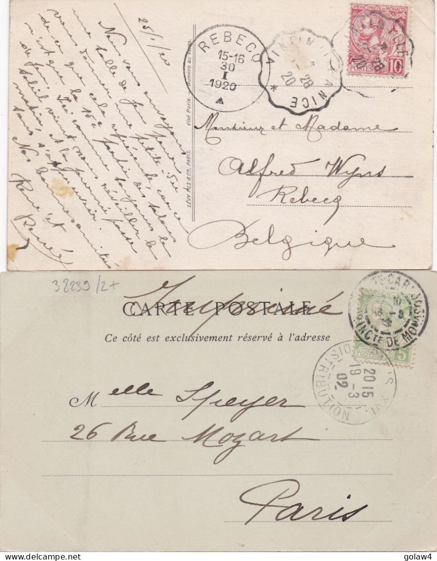 32239# 2 CARTES POSTALES MONACO Obl VINTIMILLE A NICE 1920 CONVOYEUR REBECQ Belgique - MONTE CARLO 1902 - Storia Postale