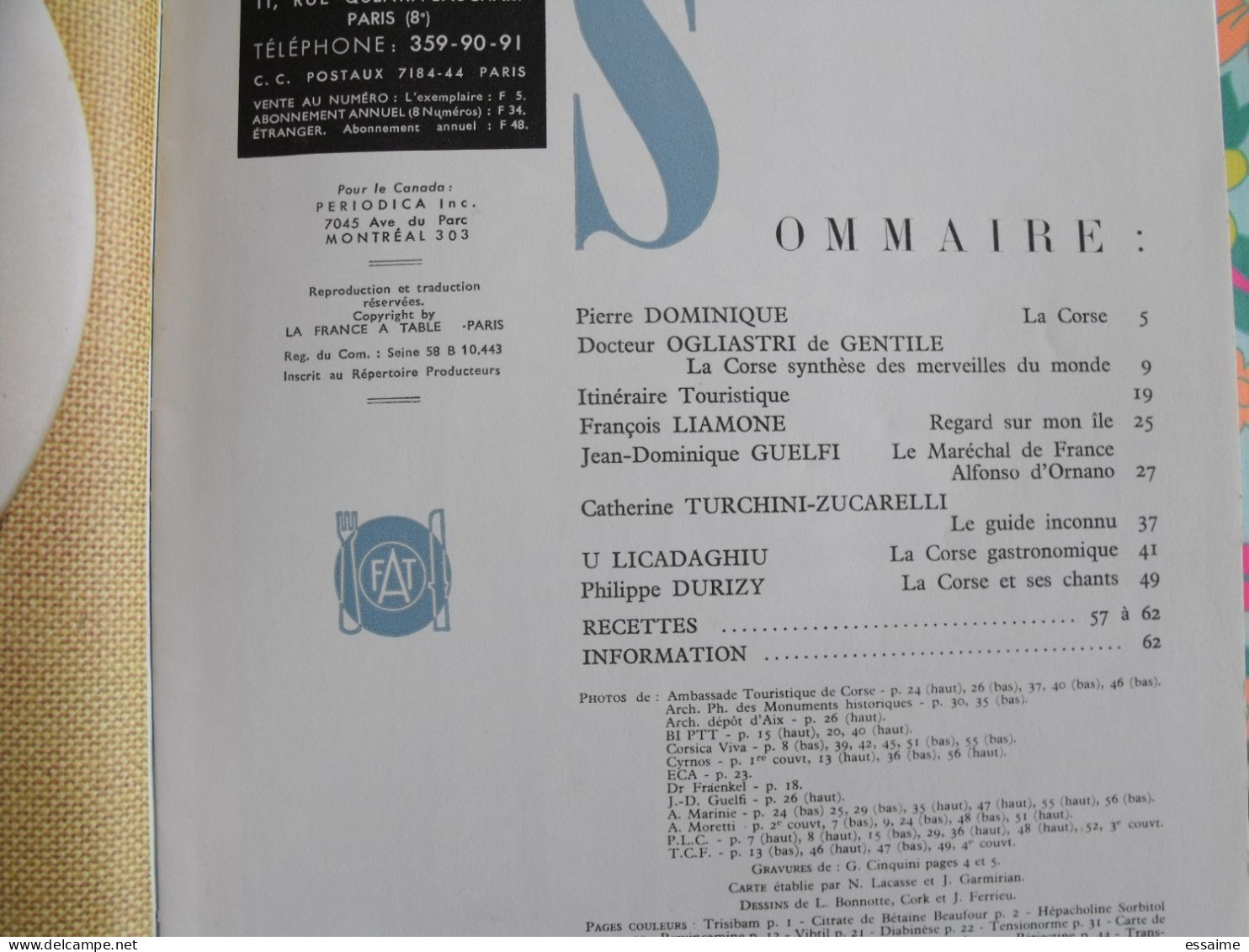 La France à Table N° 147. 1970. Corse. Corte Ajaccio Propriano Sartene  Porto Bastia Ota Bonifacio Calvi. Gastronomie - Tourismus Und Gegenden
